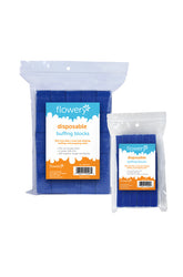Front view of Flowery Disposable buffing blocks in small and big size, packed in a reusable wall-hook ready polybag
